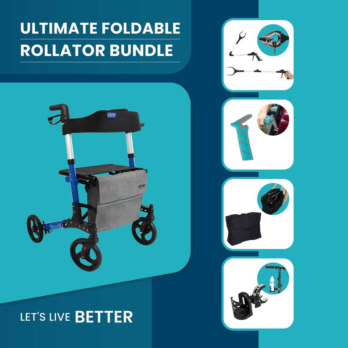 Vive Health Ultimate Foldable Rollator Bundle
