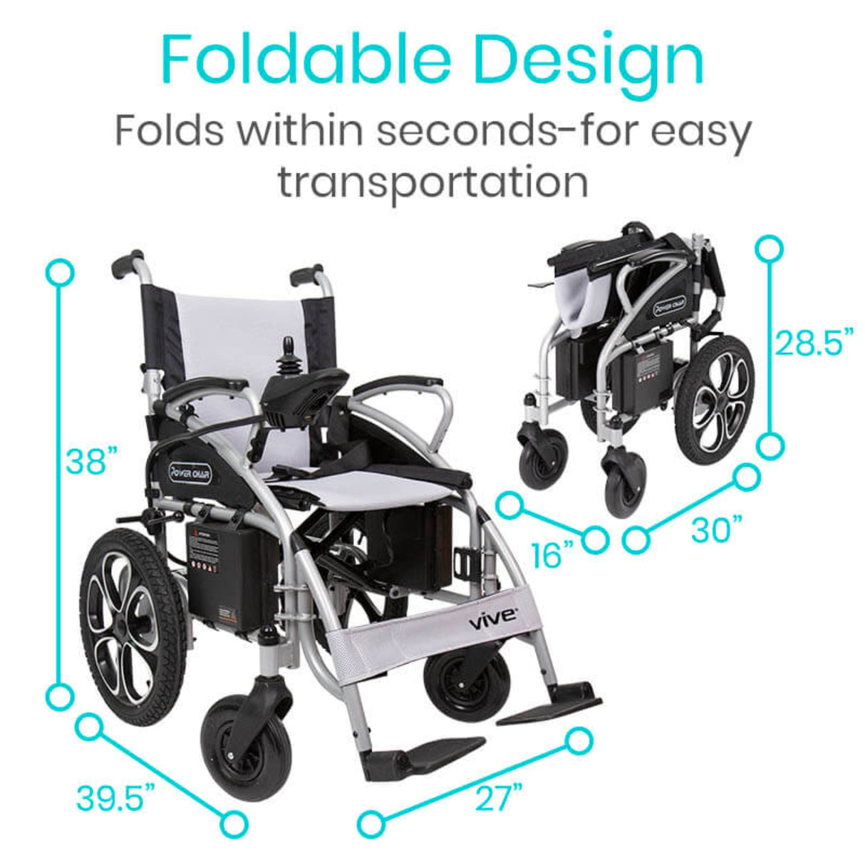 Vive Health Compact Power Wheelchair - Foldable Long Range Transport Aid