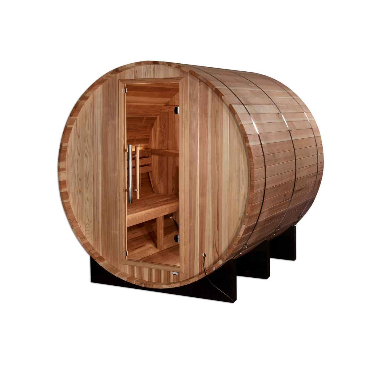 Golden Designs Arosa 4-Person Outdoor Barrel Sauna, Pacific Cedar, 6 kW Traditional Stove - GDI-B004-01