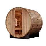 Golden Designs Arosa 4-Person Outdoor Barrel Sauna, Pacific Cedar, 6 kW Traditional Stove - GDI-B004-01