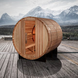 Golden Designs Zurich 4-Person Outdoor Barrel Sauna, Bronze Privacy View, Pacific Cedar, 6 kW Traditional Stove - GDI-B024-01