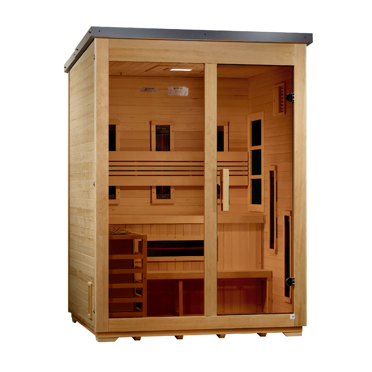 Golden Designs Carinthia 3-Person Hybrid Outdoor Sauna, Full Spectrum IR + 8kW Stove, Flat Roof, Canadian Hemlock (GDI-8023-01)