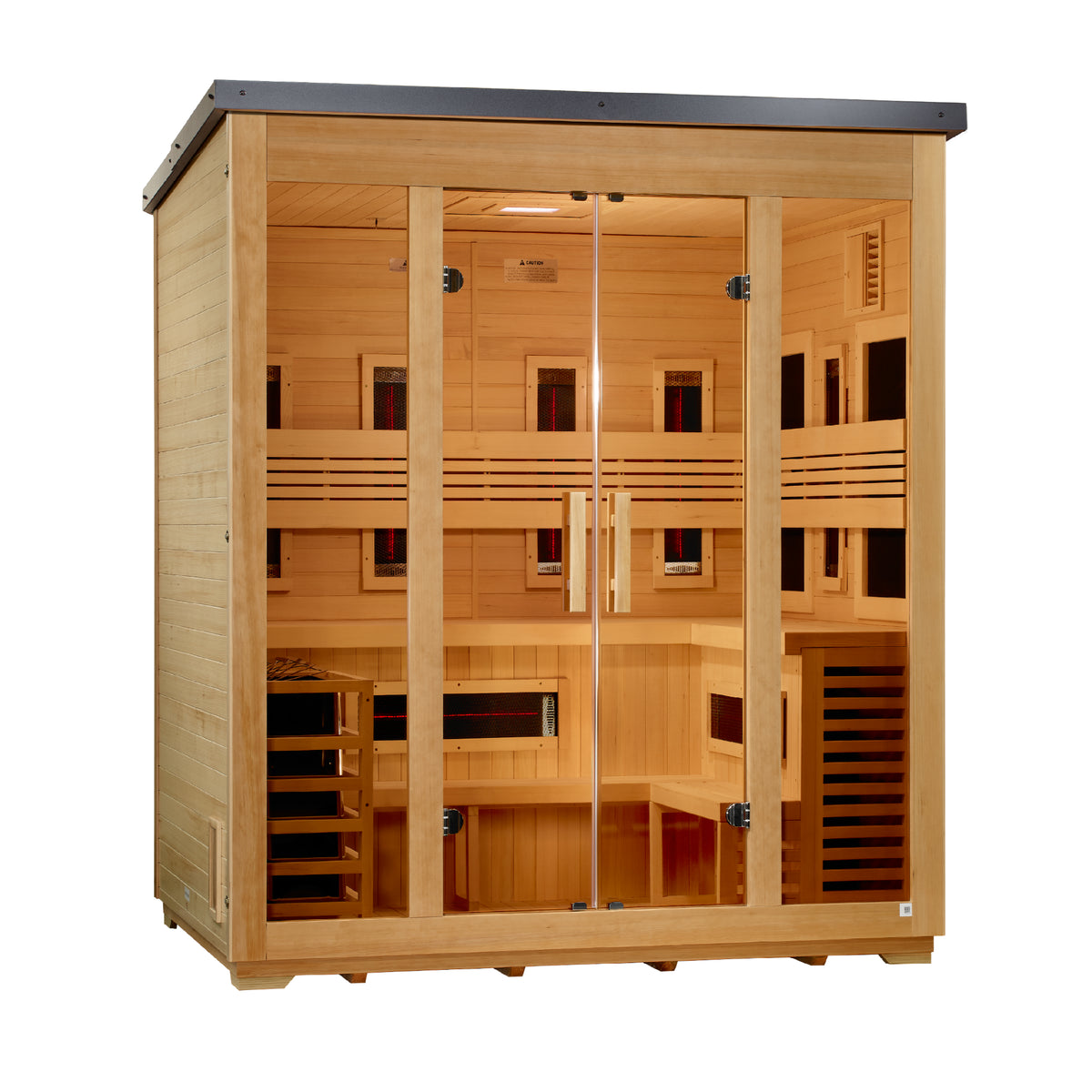 Golden Designs Gargellen 5-Person Hybrid Outdoor Sauna, Full Spectrum IR + 8kW Stove, Flat Roof, Canadian Hemlock (GDI-8025-01)