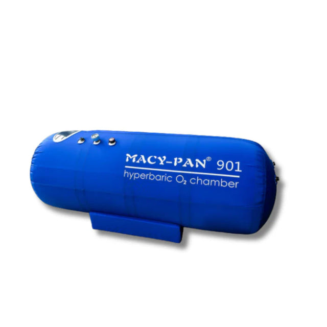 Macy-Pan ST901 soft lying type hyperbaric oxygen chamber in blue, 35 inch diameter for home and clinic use.