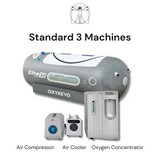 OXYREVO Standard 3 Machines setup featuring a 10L oxygen concentrator, air compressor, and air cooler for hyperbaric oxygen therapy.